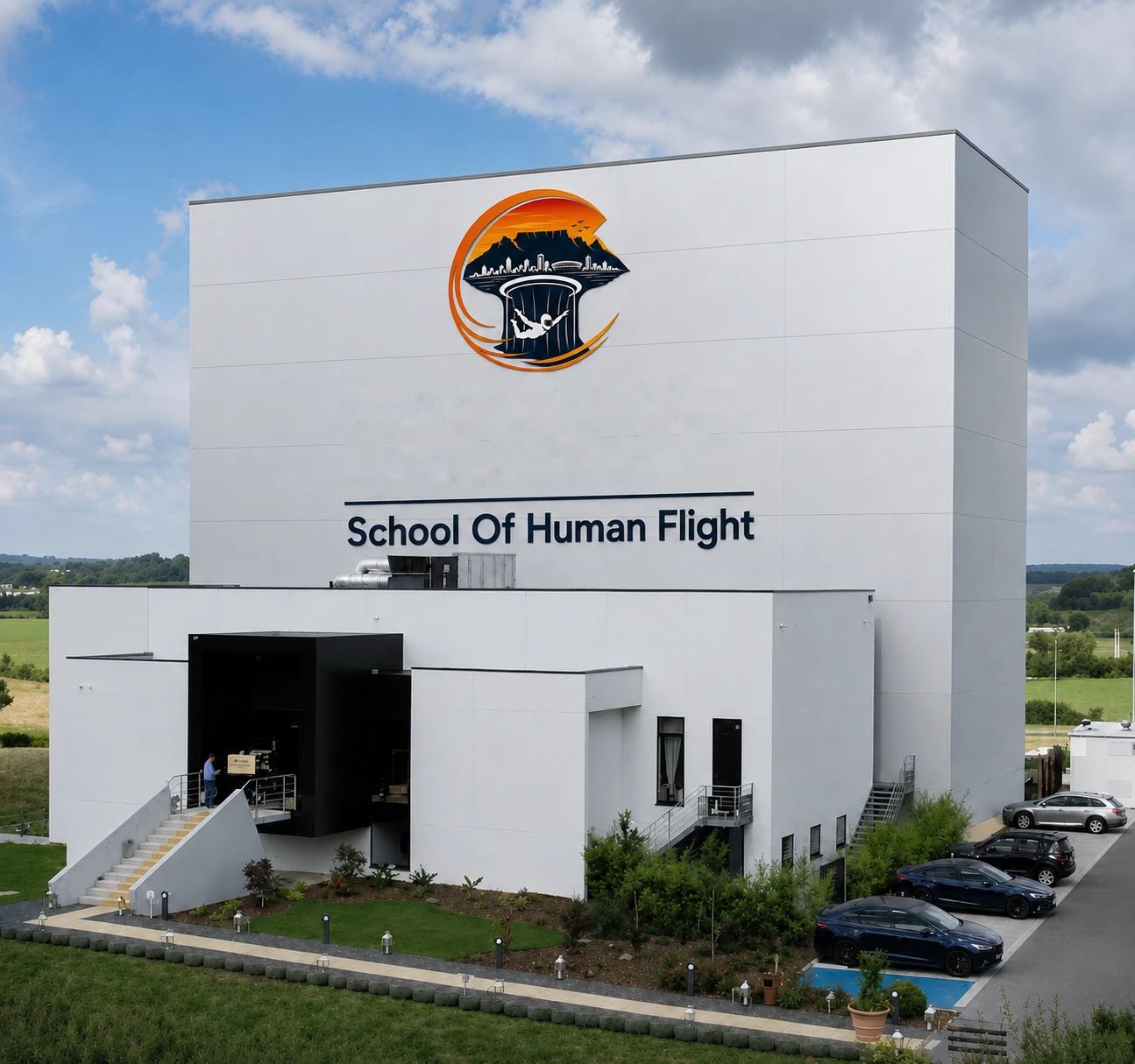 Concept rendering of a tall white tunnel building with a logo mark and the words School Of Human Flight on its wall, with a car park and landscaped grounds in front.